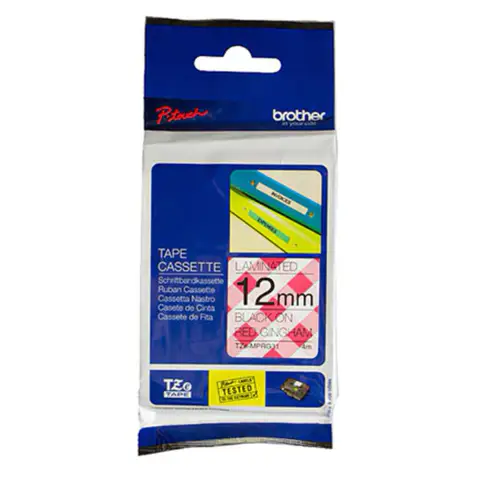 TaĹ›ma Brother 12mm x 4m czarny nadruk / czerwona kratka tĹ‚o