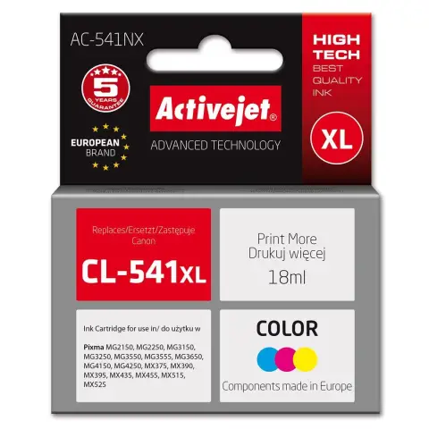 Activejet AC-541NX Tusz (zamiennik Canon CL-541XL; Supreme; 18 ml; błękitny, żółty, magenta)