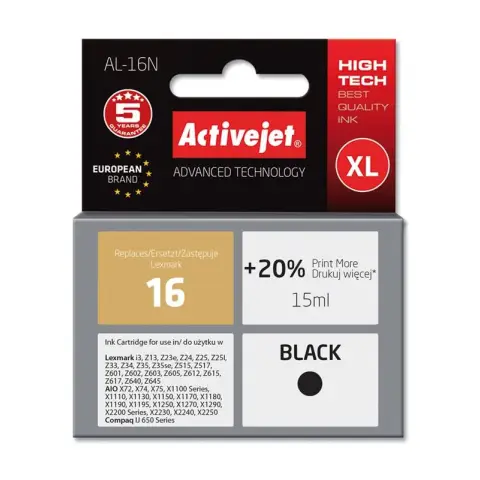Tusz AL-16N Czarny do drukarek Lexmark (Zamiennik Lexmark 16 / 10N0016) [15ml]