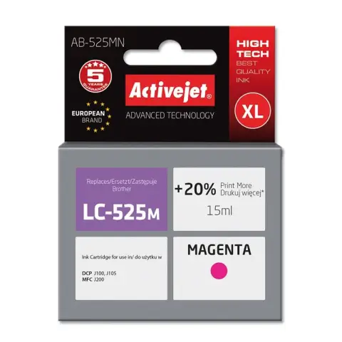 Activejet AB-525MN Tusz  (zamiennik Brother LC525M; Supreme; 15 ml; czerwony). Drukuje więcej o 20%.względem OEM.
