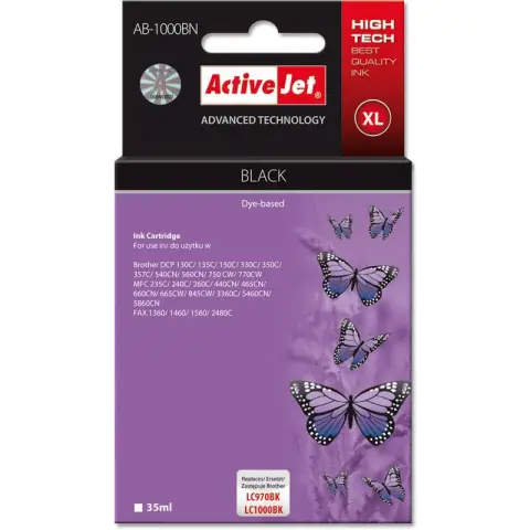 Activejet AB-1000BN Tusz (zamiennik Brother LC1000BK/970BK; Supreme; 35 ml; czarny) . Drukuje więcej o 120%.-3584119