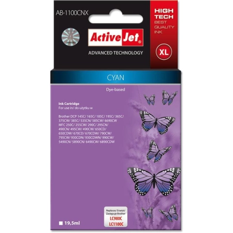 Activejet AB-1100CNX Tusz  (zamiennik Brother LC1100C/980C; Supreme; 19,5 ml; niebieski). Drukuje więcej o 450%.-358412