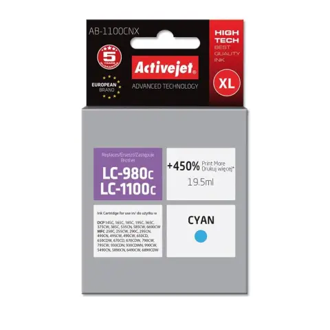 Activejet AB-1100CNX Tusz  (zamiennik Brother LC1100C/980C; Supreme; 19,5 ml; niebieski). Drukuje więcej o 450%.