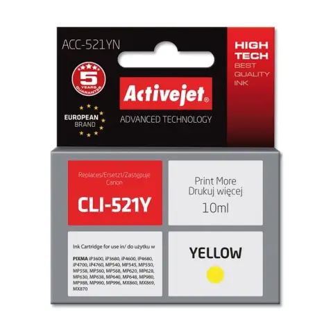 Activejet ACC-521YN Tusz  (zamiennik Canon CLI-521Y; Supreme; 10 ml; żółty)