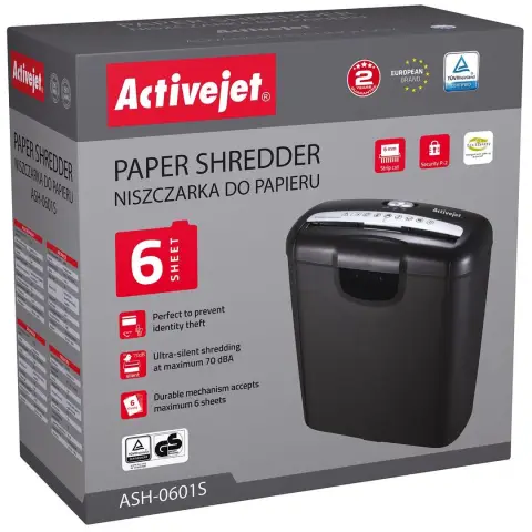 Niszczarka Activejet ASH-0601S, P-1, 10 l, ścinki 7,2 mm, czarna.-4524266