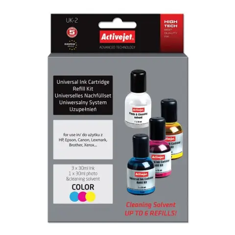 ActiveJet UK-2 kolorowy, uniwersalny system uzupełnień 3x30 ml ::plus:: płyn do czyszczenia głowicy 1x30 ml