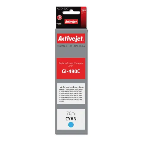 Canon GI-490C zamiennik ActiveJet - Tusz cyan do Canon G1400, G2200, G2400, G3200, G3400