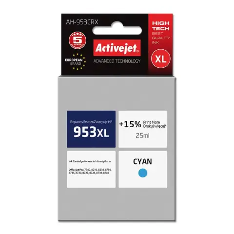 ActiveJet Tusz 953XL /  F6U16AE - Tusz cyan 953XL do HP OfficeJet Pro 7740, 8200, 8210, 8216, 8218, 8710, 8715, 8718, 87