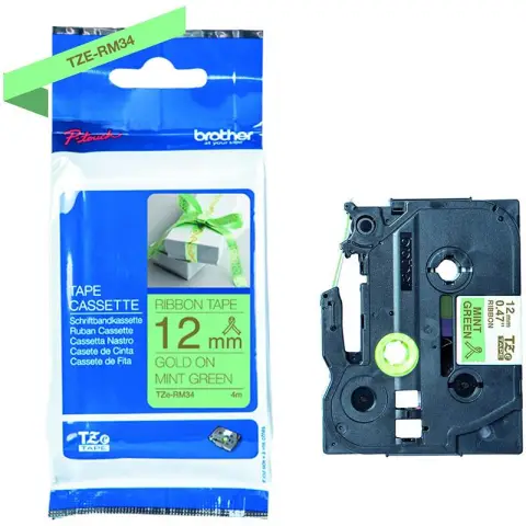 Taśma Brother wstążka 12mm x 4m złoty nadruk / jasnozielone tło-5364716