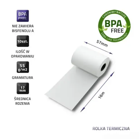 QOLTEC ROLKA TERMICZNA 57X16 | 55G/M2 | 10SZT | BPA FREE-7193764