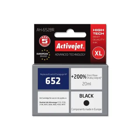 Tusz AH-652BR Black do drukarek HP (Zamiennik HP 652 / F6V25AE) [20ml]