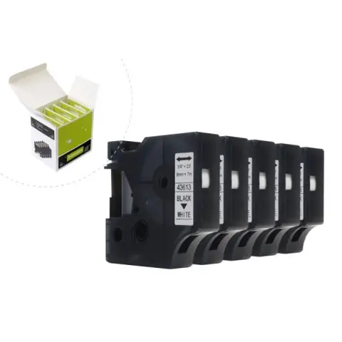 Taśma JetWorld Zamiennik Dymo D1 Czarny na Białym 6mm x 7m (5szt.) LM100, LM100+, LM200, LM300, LM400, LM420P, LM350, LM350D, LM360D, LM450D, LM260P,