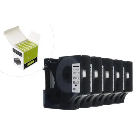 Taśma JetWorld Zamiennik Dymo D1 Czarny na Białym 12mm x 7m (5szt.) LM100, LM100+, LM200, LM300, LM400, LM420P, LM350, LM350D, LM360D, LM450D, LM260P,